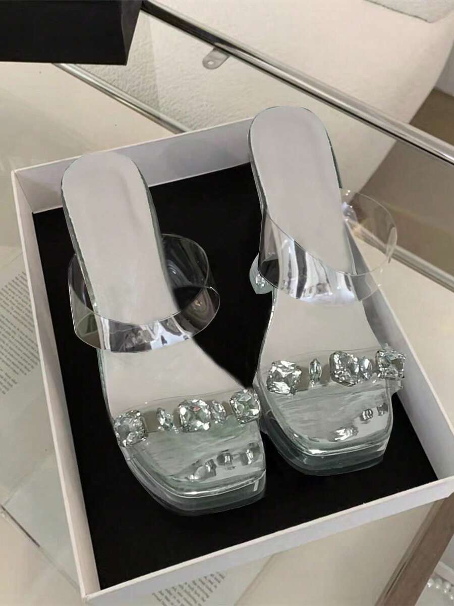 French Luxury Rhinestone Embellished High Heel Sandals, Transparent Strap Square Toe Thick Sole Platform Shoes, Fairy Style Outdoor Wear - Silver - View 1