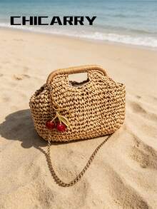 Summer Women's Khaki Woven Straw Bag, Cherry Charm, Beach Fashion Elegant Chain Crossbody Bag, Vintage Hollow Handbag Beach Bag, Creative Clasp Hardware, Summer Bridal Bag, Women's College Student Bag, Suitable For Parties, Shopping, Vacation, Crochet Bag - Khaki - View 7