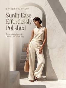 Women's Modest Boho Two-Piece Outfit Sleeveless Round Neck Cropped Blouse  Long Wide Leg Pants With Contrast Piping In Woven Fabric For Spring Outings - 香檳色 - 查看 7