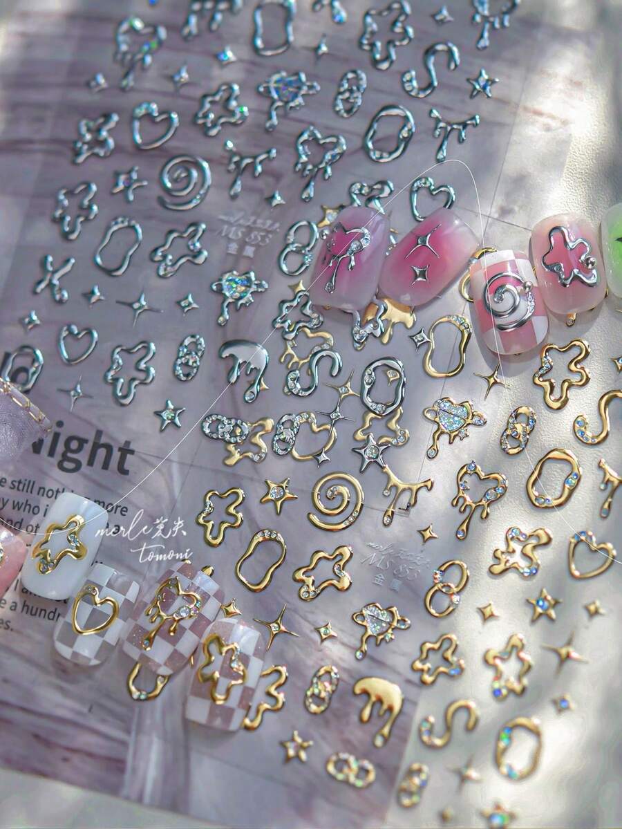 1片Y2K 3D液態金屬美甲貼紙,金銀色融化愛心星渦旋美甲貼,賽博龐克美甲DIY裝飾貼紙 - 金色 - 查看 1