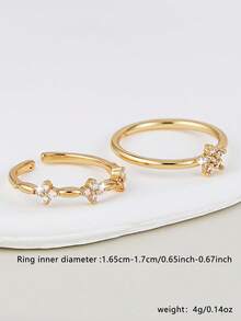 2pcs Inlaid Cubic Zirconia Sparkling Star & Flower Ring Set, Suitable For Women's Daily Wear, Dating, Wedding, Party, Gathering, Layering, Bridal Gift - Yellow Gold - View 2