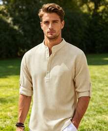 Men's Casual Long-Sleeved Loose Waffle Shirt - 卡其-1 - 查看 3