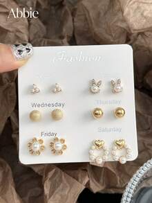 6 Pairs Fashion Flower Faux Pearl Rabbit Rhinestone Heart Combination Earrings For Women, Suitable For Daily Wear, Parties And Outings, Exquisite Stud Earrings Set - Yellow Gold - View 7