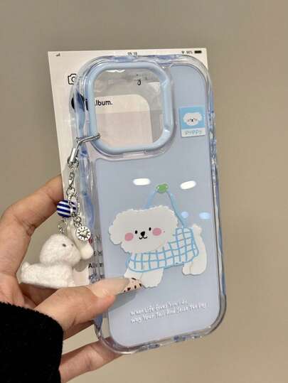 Milk Blue Bichon Puppy Print Phone Case, Wavy Edge Transparent Shockproof Shell, Compatible With IPhone 15/14/13 All Models (Lanyard Not Included)
