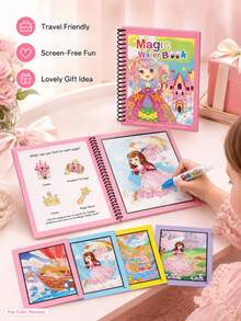 Refillable Water Pen Magic Water Painting Book, Reusable Princess Dream Theme Coloring Book, Paper And Plastic Material, Spiral Binding, Clean Drawing Activity Toy For Kids, Suitable For Travel, Birthday, Holiday Gifts - Multicolor - View 4