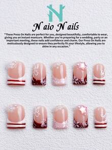 NAIO 10片/組手工穿戴式假指甲，3種尺寸：棺材型/杏仁型/短方型，Y2K優雅風，裸色法式美甲搭配花卉與條紋設計，珍珠與星星裝飾，適合女性與女孩，日常使用與派對，女士美甲禮物，美甲用品 - 彩色 - 查看 18