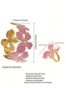 2PCS Minimalist Fashion Vintage Elegant Gentle Style Oil Drop Enamel Four-Leaf Flower Bracelet & Ring Set, Stainless Steel Women's Jewelry Set, Suitable For Daily Wear/Garden Party/Evening Party/Afternoon Tea/Street Style/Holiday Gift For Girlfriend - Yellow Gold - View 2