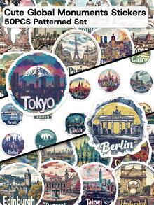 50pcs Cute Global Monuments Stickers-Wanderlust Aesthetic-Perfect For Skateboards, Phone Cases, Parties, Notebooks, Suitcases, And Water Bottles-Travel Gift - Multicolor - View 1