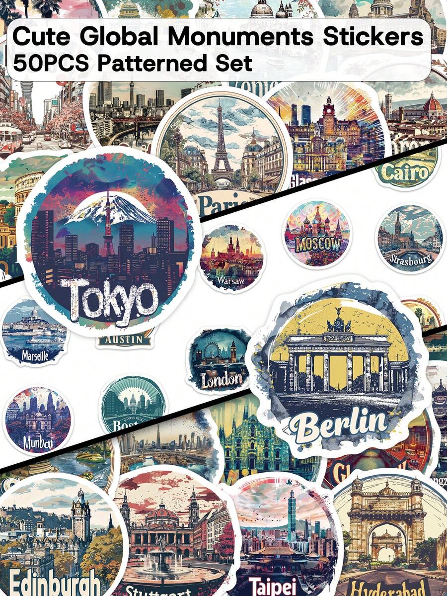 50pcs Cute Global Monuments Stickers-Wanderlust Aesthetic-Perfect For Skateboards, Phone Cases, Parties, Notebooks, Suitcases, And Water Bottles-Travel Gift - Multicolor - View 1