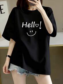 Cute Blouses. Women's 100% Short-Sleeved T-Shirt With Heart-Shaped Smile Print, Unisex, Available In Black, White, Red, Light Gray And Dark Gray, Casual And Classic Style - 黑色 - 查看 1