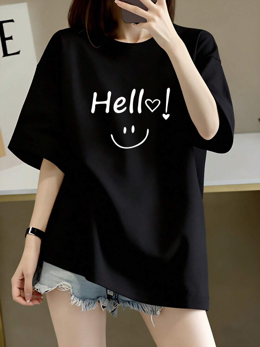 Cute Blouses. Women's 100% Short-Sleeved T-Shirt With Heart-Shaped Smile Print, Unisex, Available In Black, White, Red, Light Gray And Dark Gray, Casual And Classic Style - 黑色 - 查看 1