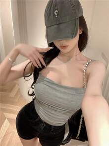 極簡性感辣妹加厚內墊女款短版直領抓皺內搭背心，休閒夏季款 - 灰色 - 查看 7