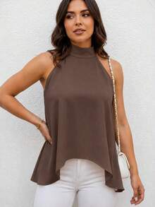 Women's Blouse With High Neck And Asymmetrical Neck Tie - 灰褐色 - 查看 1