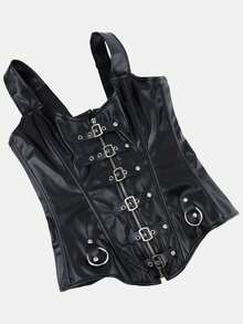 Women's Dark Punk PU Leather Double Strap Corset Top, Waist-Cinching Body-Shaping Bustier, Sexy Vintage Bust-Support Top, Daily Party Wear, Halloween Costume, Cosplay, Black Corset Top - Black - View 7