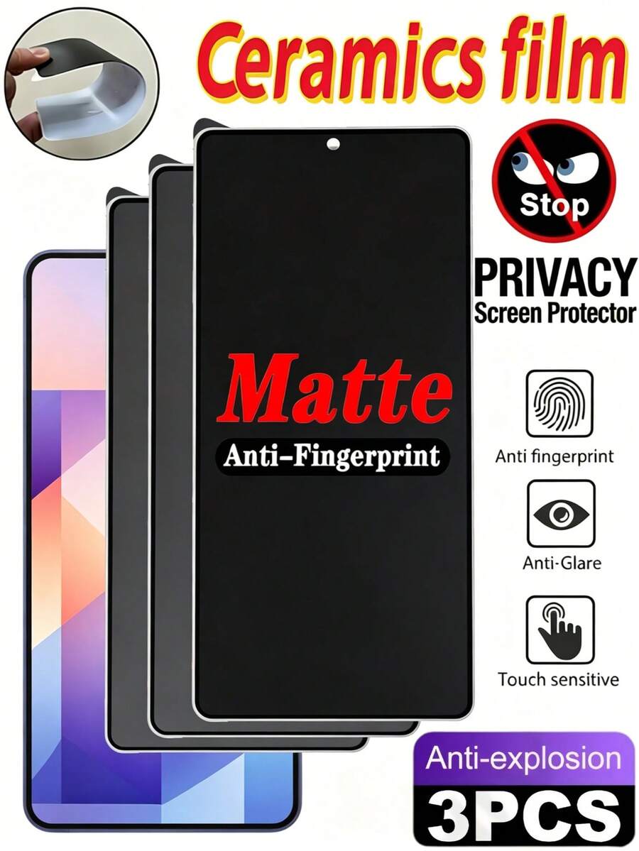 3片裝霧面防窺陶瓷軟膜螢幕保護貼 非玻璃 適用於 Galaxy S26 S25 S24/適用於 iPhone 17 16/適用於 /Honor/適用於 /Poco/Note 14 全螢幕覆蓋 防眩光、防指紋、防爆、耐刮 防窺 辦公室/地鐵隱私保護 無氣泡 不支援指紋辨識