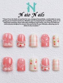 NAIO 10片/組手工穿戴式假指甲，3種尺寸：棺材型/杏仁型/短方型，Y2K甜美風，粉色與奶油色格紋美甲，附3D蝴蝶結與愛心設計，花卉印花與珍珠裝飾，適合女性與女孩，日常使用與派對，女士美甲禮物首選 - 彩色 - 查看 12