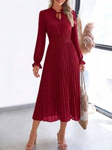 PRETTYGARDEN Women's Spring Fall Midi Dress Casual Long Sleeve V Neck Swiss Dot Pleated A Line Flowy Dresses New Years Party Valentine Vacation Dresses For Women - 酒紅 - 查看 5