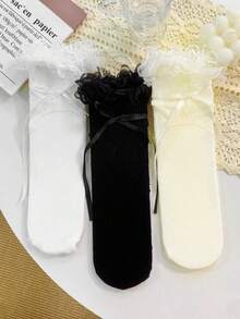 1/3 pares de calcetines de media pantorrilla con volantes de encaje hueco y lazo, versátiles y lindos - Multicolor - Ver 8