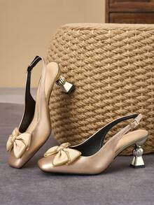 WHDXY French Luxury Champagne Bow Backless Slingback Pumps With Asymmetric Mid Heel, Suitable For Commuting And Dating - Rose Gold - View 6