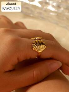 RAYQUEEN 1 pieza Anillo de acero inoxidable con estrella de mar y concha para mujer, anillo de banda abierta elegante, versátil, dulce y fresco, adecuado para uso diario - anillo - Ver 8