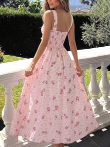 Perirose Women's Pink Floral Cottagecore Sweetheart Neck Ruched Bust Tie Front Wide Strap Fit And Flare Midi Dress Summer Fall Garden Party Vacation - Pink - View 7