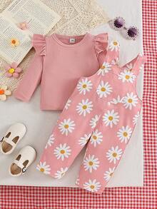 Baby Girl 2 Pieces Sweet Outfit, Ribbed Knit Ruffle Long Sleeve Top And Daisy Floral Print Adjustable Strap Overalls, Toddler Daily Wear Set, Comfortable Outfit - Pink - View 4