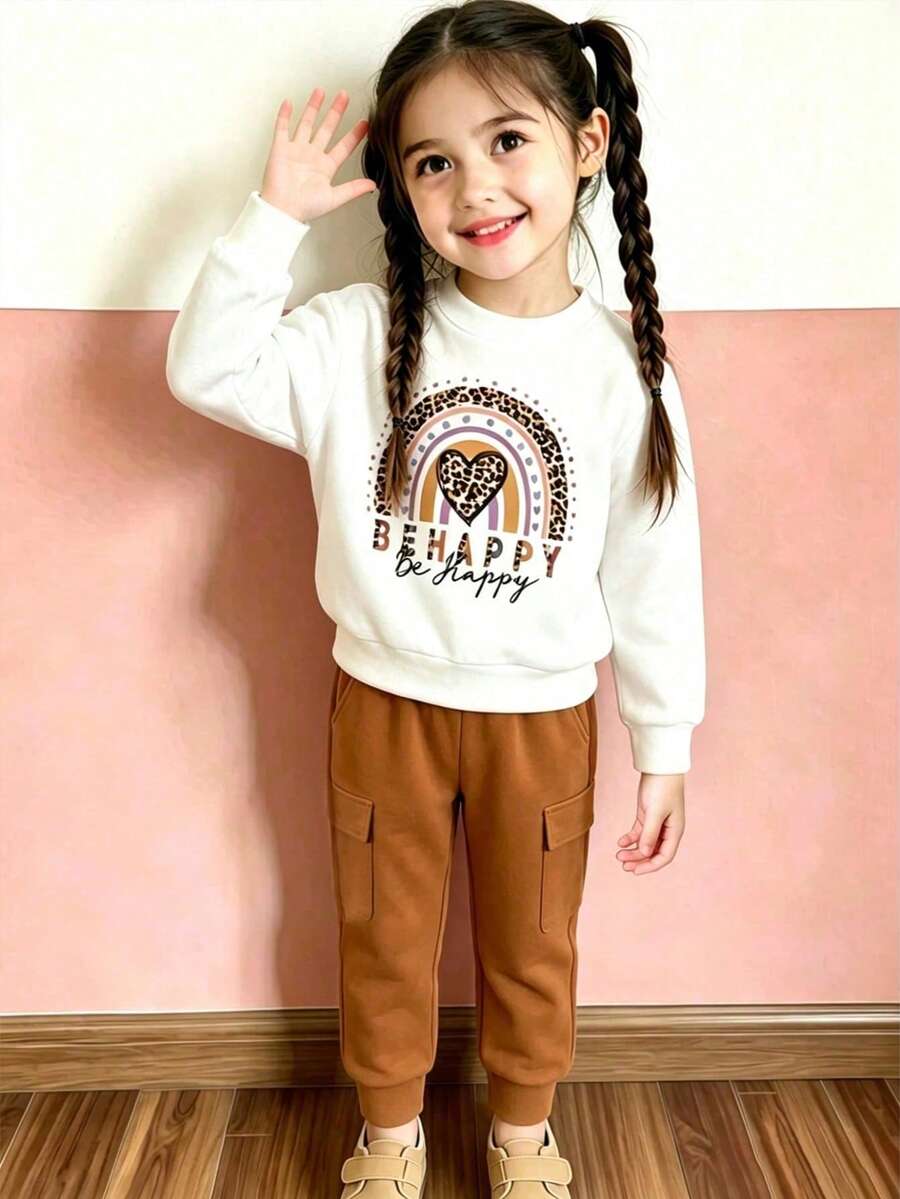 Felpa con girocollo e stampa a lettere e pantaloni della tuta per ragazza giovane - Giallo - Visualizzare 1