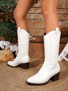 Women's Embroidered Western Mid-Calf Slip-On Boots With Floral Pattern And Chunky Heel - White - View 5