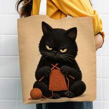 1pc Cute Animal Illustration Realistic Tote Bag, Cat Knit Comfortable Soft Detail Design Reusable Shopping Bag, Multifunctional Double-Sided Print Handbag, Casual Style, Perfect For Book Lovers - Multicolor - View 6