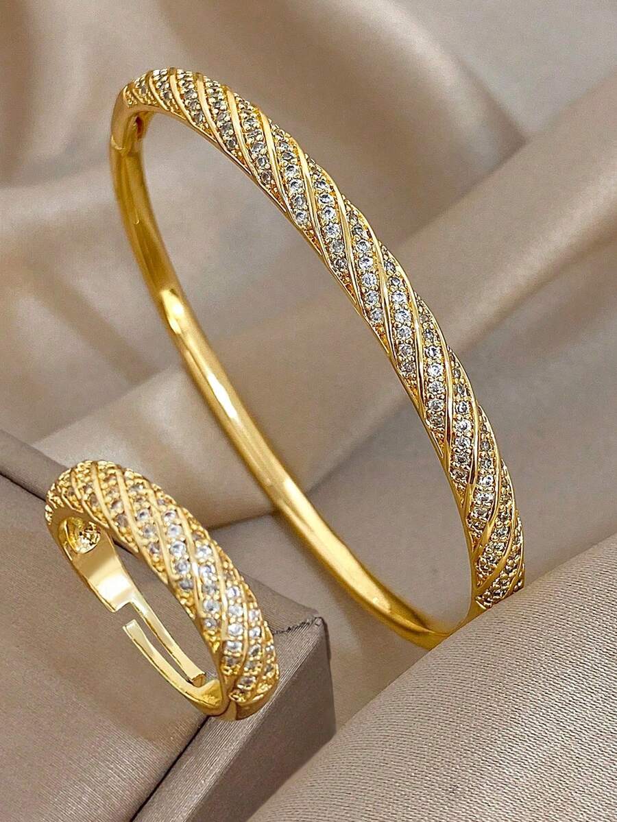 Elegant Gold Plated Twists Twill Pave Cubic Zirconia Bangle Bracelet & Open Ring, Jewelry Set For Women,Summer Boho,Mom Gift Daily Wear,Party/Gala - Multicolor - View 1