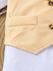 AfterClass 3-Piece Baby Boy Christening Outfit: Short Sleeve Collar Patchwork Waffle Romper + Shorts + Bow Tie, Adorable Christening Suit - Apricot - View 8
