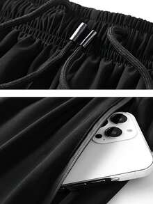 1pc Men's Summer Cuffed Joggers, Elastic Drawstring Waist, Side Zipper Pockets, Casual Sports Pants, Suitable For Fitness, Running And Daily Wear - Black - View 6
