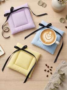 1PC Cute Square Quilted Fabric Coaster With Black Bow Knot, Soft Heat Insulation Cup Mat, Multicolor Pastel Drink Coaster For Coffee Tea Mug, Table Protection Decorative Pad For Home Kitchen Cafe - Multicolor - View 3