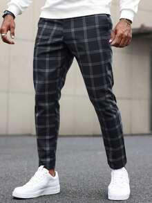Tapered Fit Men's Plaid Casual Long Pants - Black - View 5