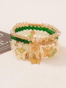 4 piezas/Set Pulsera de cuerda elástica con cuentas y colgante de mariposa de aleación estilo bohemio multicapa Temporada de regreso a la escuela - Multicolor - Ver 17
