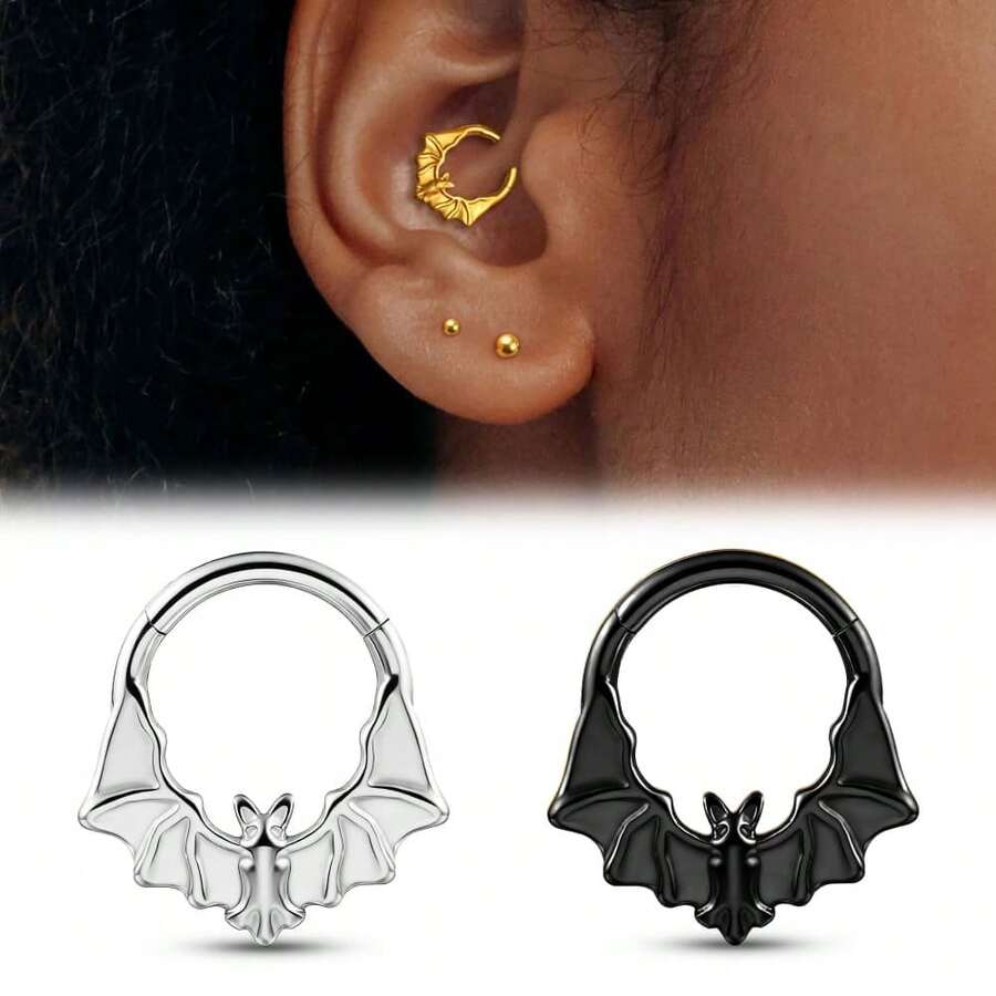 1件 16G ASTM F136 鈦金屬蝙蝠鼻中隔環，Daith 軟骨耳環，開合式分段穿刺鼻環，哥德風身體飾品 - 3065 - 查看 1