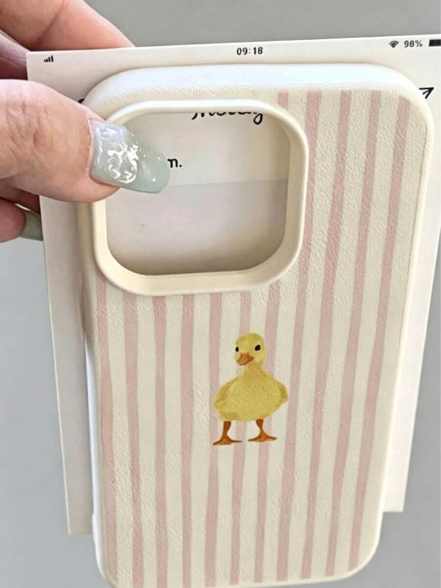 1pc Creative Little Duck Pink Stripe Cute Pattern Frosted Lychee Texture Full-Coverage Lens Protection TPU Fashion Phone Case Compatible With IPhone 11 12 13 14 15 16 17promax - Multicolor - View 1