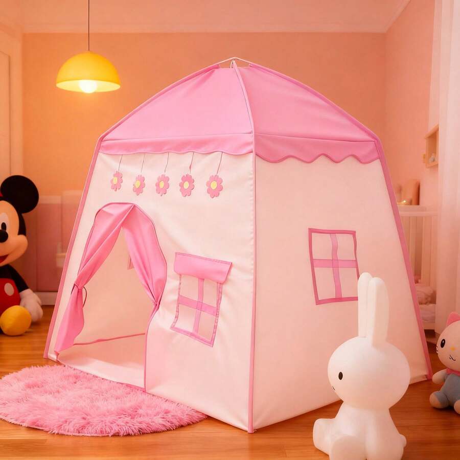 Cute Pink Flower Kids Play Tent, Foldable Princess Castle Playhouse With Windows, Breathable Fabric, Indoor/Outdoor Use, Easy Setup, For Bedroom Decor, Playtime & Birthday Gifts, Suitable For Girls - Pink Flower House - View 1