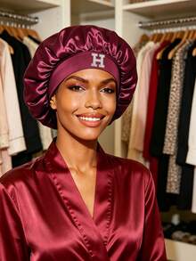 1pc Unisex Satin Sleep Bonnet For Natural Curly Hair – A-Z Letter Pearl Print, Customizable Hair Accessories For Men Women, Ideal For Vacation - Burgundy - View 2