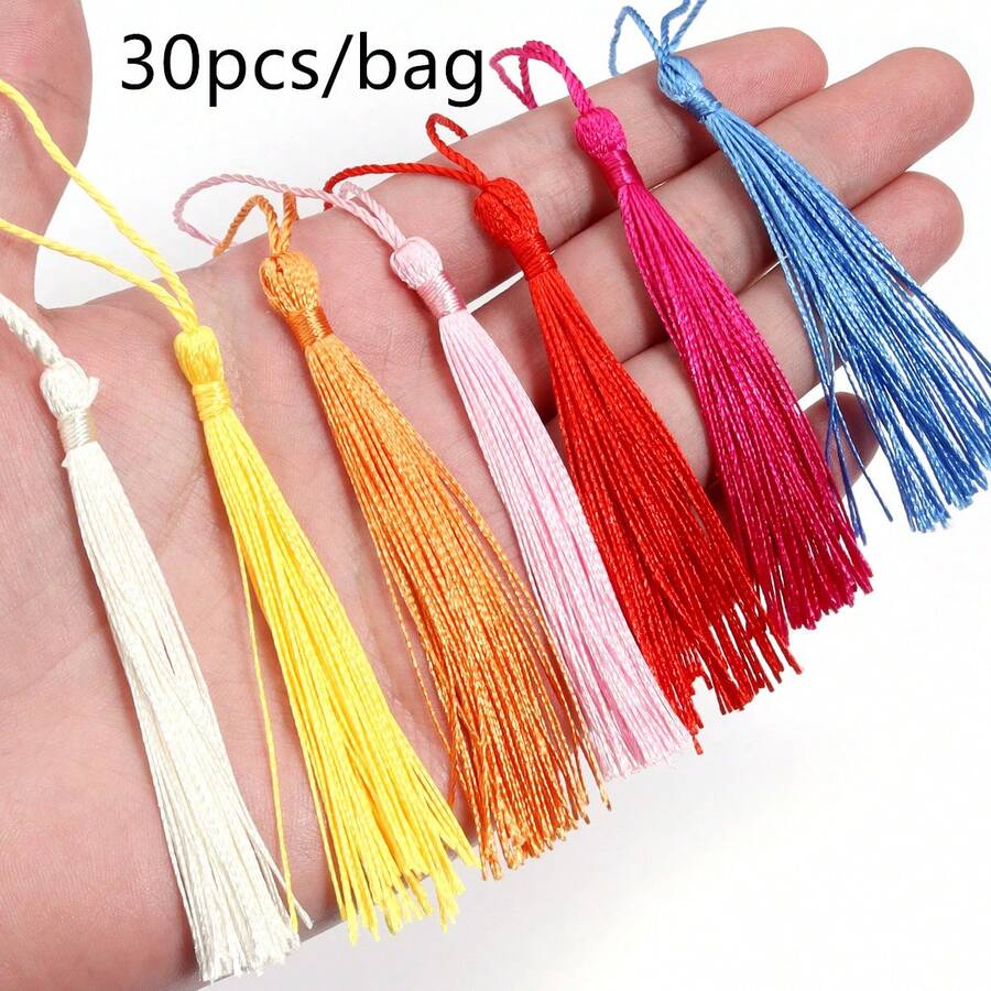 30pcs/Pack Polyester Tassel Pendant With Rope, 8cm Colorful Chinese Style Textured Tassel Decor For Bookmark, Keychain, Car Hanging, Phone Strap, DIY Hanfu Accessories