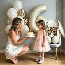 Cream White Rabbit Number Balloon Garland Set, 32 Inch Cream White Number Foil Balloon, Cute Rabbit Standing Aluminum Foil Balloon With Gold Bow, Suitable For Birthday Party Decoration, Baptism, Anniversary, Wedding, Valentine's Day Party Decoration, Christmas Decoration, Wedding Arrangement, Room Decoration. - Rabbit Set - View 2