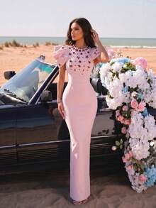 Modphy European And American New Fashion Ruffle Sleeve Rhinestone Bandage Maxi Dress, Elegant Evening Gown For Social Party And Banquet Wedding Pink Fall - Pink - View 4