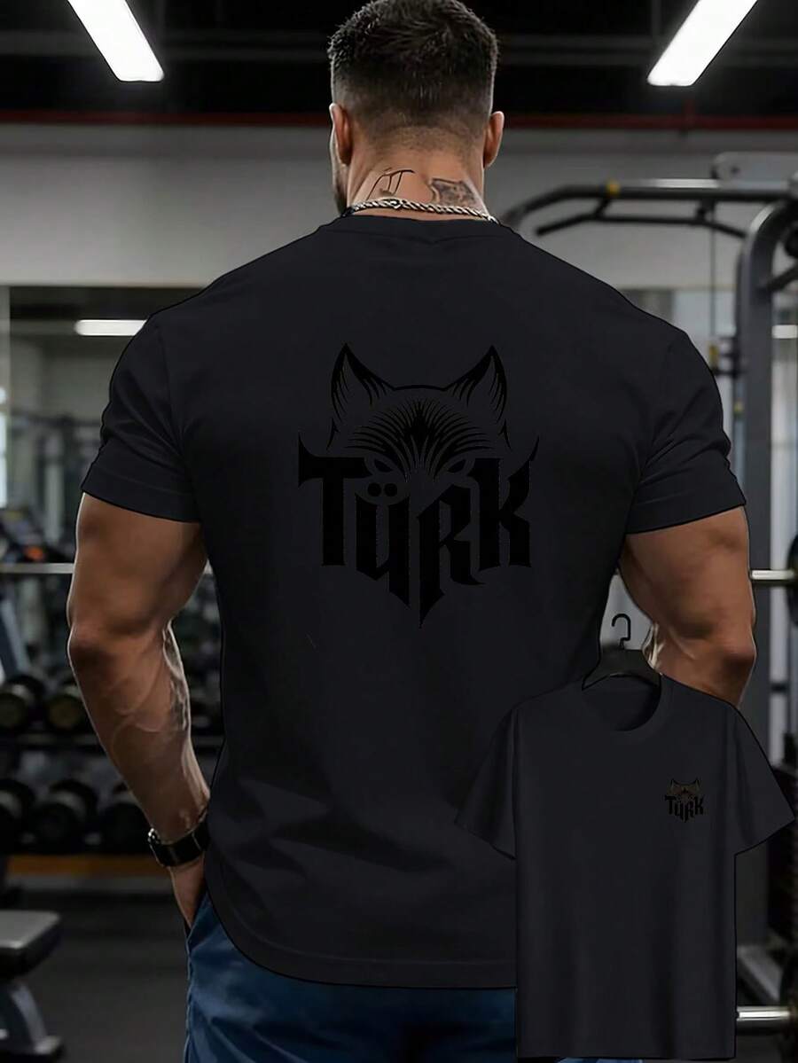 Men's Turkish Wolf Head T-Shirt - Turk Lettering & Wolf Print Double-Sided Front/Back, Breathable Short Sleeve Round Neck Casual Streetwear Suitable F - Black - View 1