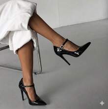 Women's Stiletto Heel Shoe (11cm) With Central Strap And Rhinestone Buckle - Autumn/Winter - 黑色清漆 - 查看 3