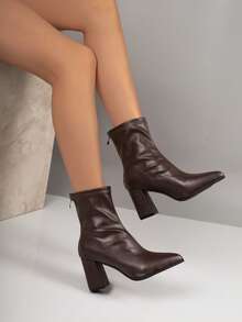 Women's Classic Fashion Leather Chunky High Heel Back Zipper Pointed Toe Ankle Boots, Simple Comfortable Slimming Fashion Boots, Suitable For Party, Vacation, Street - Brown - View 2