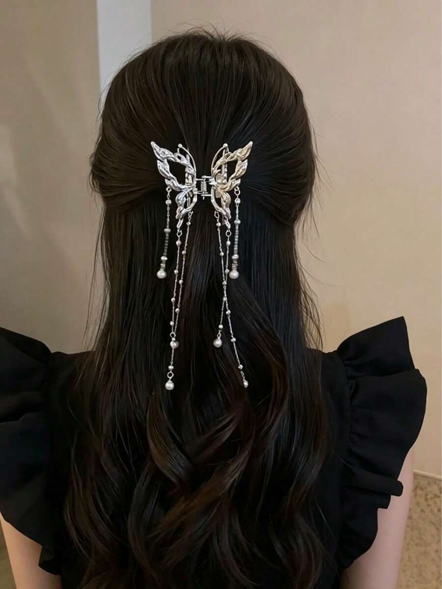 Fashion Butterfly Tassel Hair Clip, Hollow Butterfly Tassel Claw Clip Half-Up Hair Hair Claw, Elegant Faux Pearl Design - Chic Alloy Bow Hair Accessory, Suitable For Daily And Party Wear, Also A Great Gift Choice - Multicolor - View 1