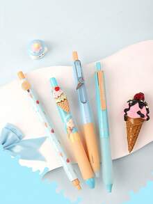 4pcs Cute Ice Cream Pattern Retractable Neutral Pens, 0.5mm ST Dual Ball Pen Tip, Quick-Drying Smooth Writing, Black Ink, Fresh Girly Style, Suitable For School Practice, Note-Taking And Office Signing - Gel Pen - View 5