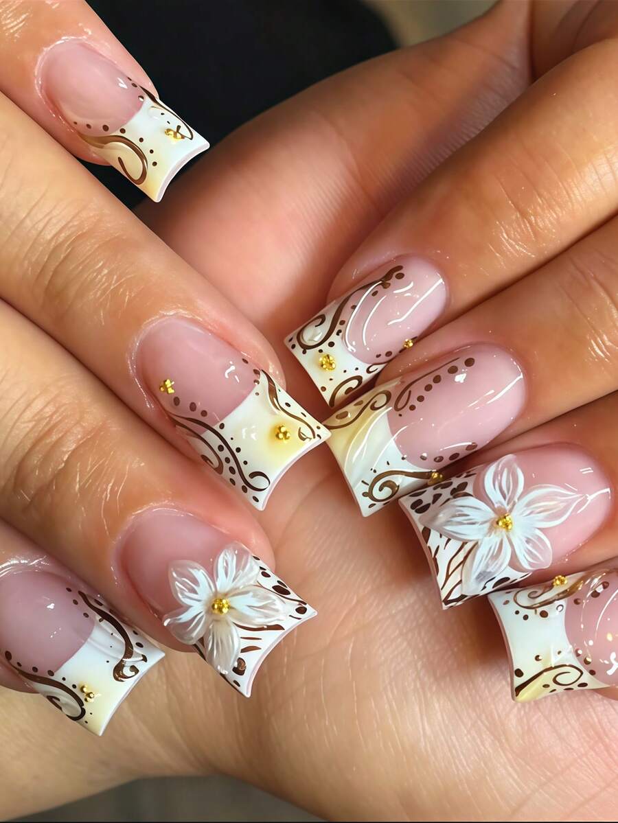 Elevate Your Style! 24PCS Medium Square Vintage Elegant Light Green Tie Dye Design Brown Leopard Print Y2K Style 3D Floral Design Press-On Nails Baddie Style Zebra Stripe French Pattern Brown Vine Line Polka Dot Design Luxury Metallic Steel Ball Pattern Fake Nails, Includes One Sheet Of Jelly Glue And One Nail File (Jelly Glue Randomly Shipped), Suitable For Women And Girls For Daily, Date, Vacation And Other Occasions - Multicolor - View 1