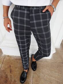Tapered Fit Men's Plaid Casual Long Pants - Black - View 6