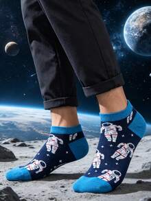 1雙男士可愛太空人印花隱形襪，隱藏宇宙細節，輕鬆酷感風格 - 彩色 - 查看 3
